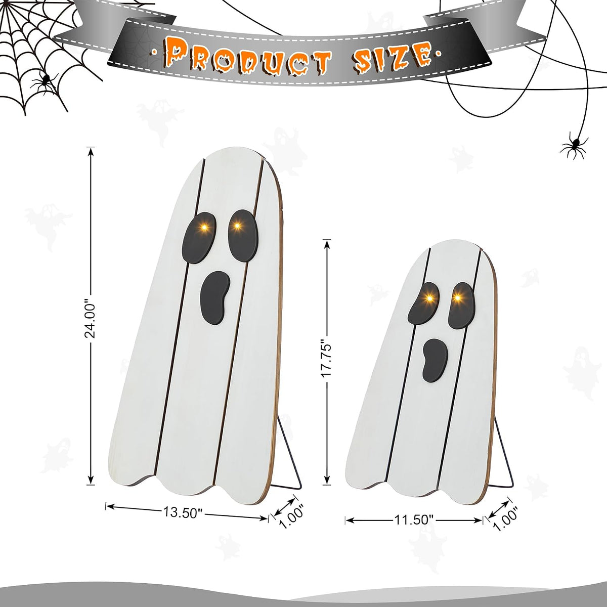 Glitzhome Set of 2 Halloween Lighted Wood Ghost Porch Decor - 24" H & 18" H Handcrafted Solid Wood Ghost Signs with Metal Display Stand for Farmhouse, Front Door Outdoor Yard Halloween Decorations