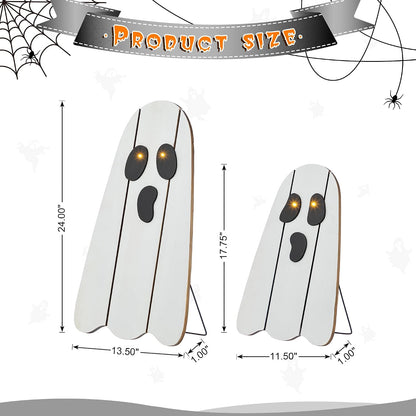 Glitzhome Set of 2 Halloween Lighted Wood Ghost Porch Decor - 24" H & 18" H Handcrafted Solid Wood Ghost Signs with Metal Display Stand for Farmhouse, Front Door Outdoor Yard Halloween Decorations
