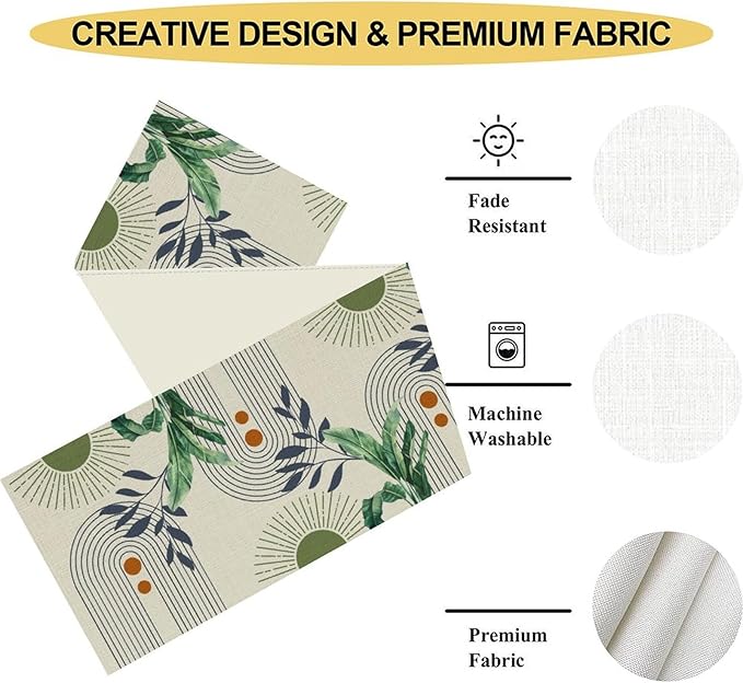 Mid Century Modern Table Runner, Abstract Green Leaves Tropical Plants Palm - Image 5