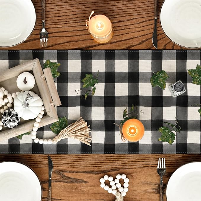 Artoid Mode Buffalo Plaid Bowknot Pumpkin Thankful Fall Table Runner, Autumn - Image 4