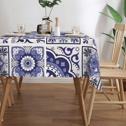 Talavera Mexican Tiles Tablecloth Navy Blue Flowers Leaves Hearts and Swirls - Image 4