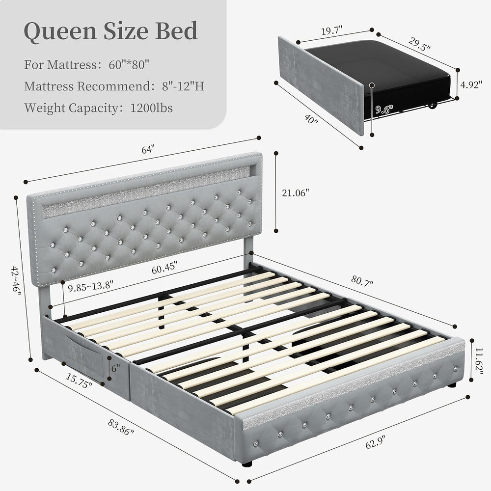 LED Queen Platform Bed Frame with 2 Storage Drawers, Grey