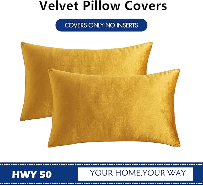 HWY 50 Dark Gold Velvet Rectangular Throw Pillow Covers 12x20 Inch - Image 6