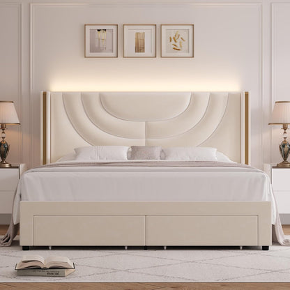 hithos queen upholstered platform bed frame, led storage on a desk or shelf