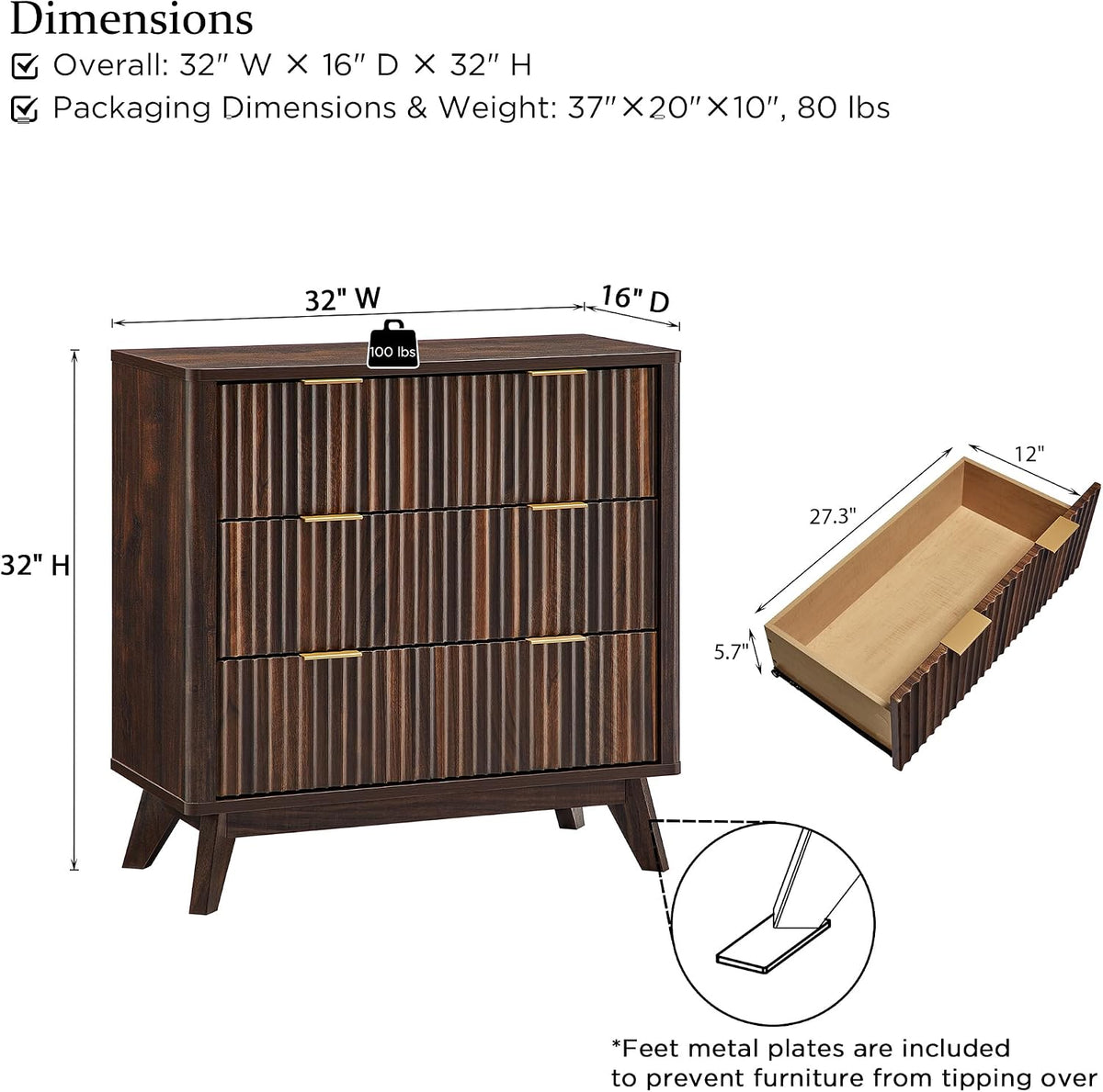 t4tream 32" fluted 3 drawer dresser for bedroom shown in use