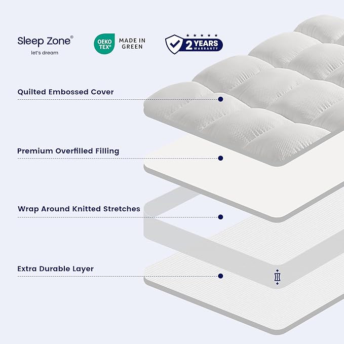 SLEEP ZONE Mattress Topper Full Size, Extra Thick Fitted Mattress Pad - Image 3