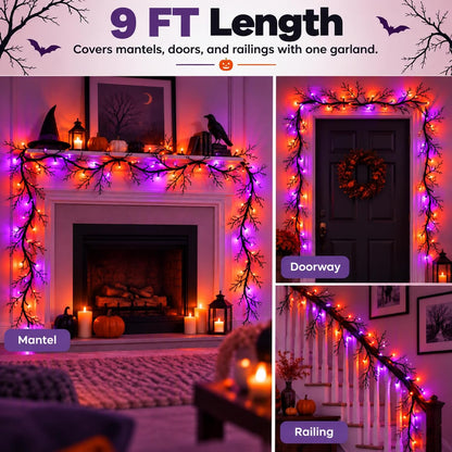 Halloween Garland with Orange & Purple Lights, 9 FT Bendable Black Branch