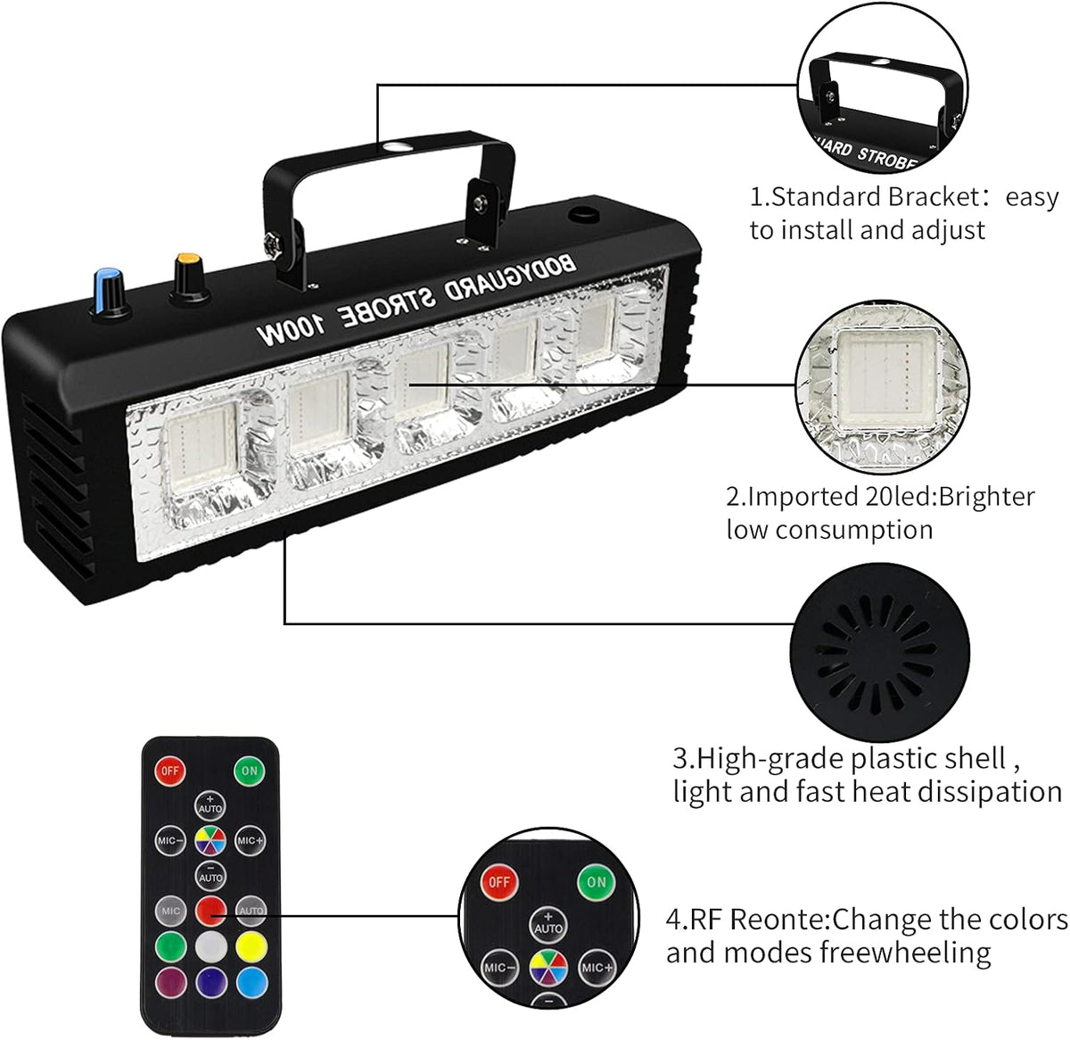 Strobe Stage Lights Sound Activated, 100W RGB LED Strobe Light, Halloween Light Effect with Remote Control, Professional DJ Party Lights for Banquet Host