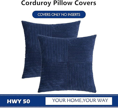 HWY 50 Navy Blue Corduroy Patchwork Throw Pillow Covers 18x18 Inch, Soft Cozy - Image 7