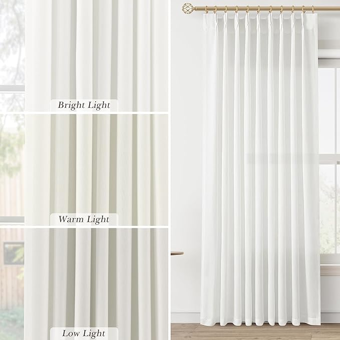 Ivory White Pinch Pleat Linen Curtains 84 Inch Length 2 Panels Set - Image 4
