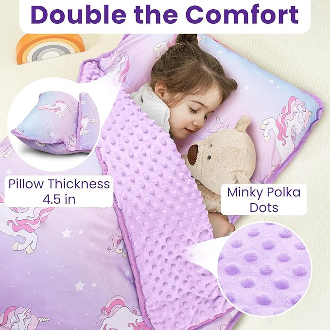 Toddler Nap Mat with Pillow and Minky Blanket, Large 55"x35" Sleeping Bag - Image 4