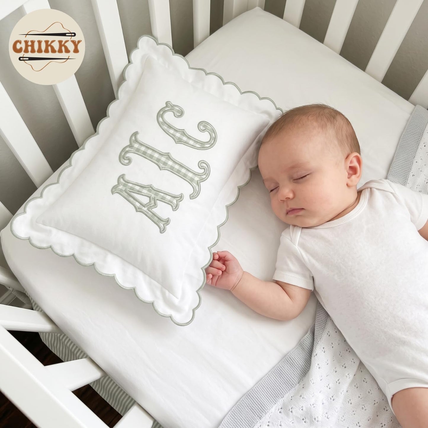 Personalized Baby Pillowcase - Custom Monogrammed Toddler Pillow Cover with Scalloped Edge for Nursery Decor, 05