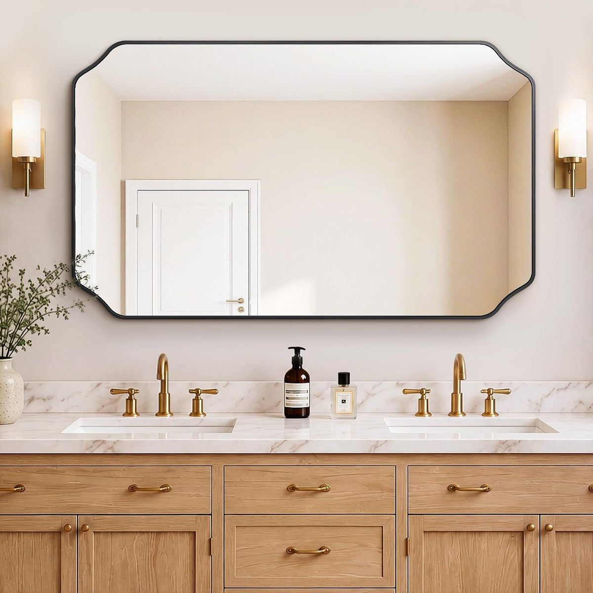 vanity bathroom mirror for over sink, 50"x30", black, close-up detail
