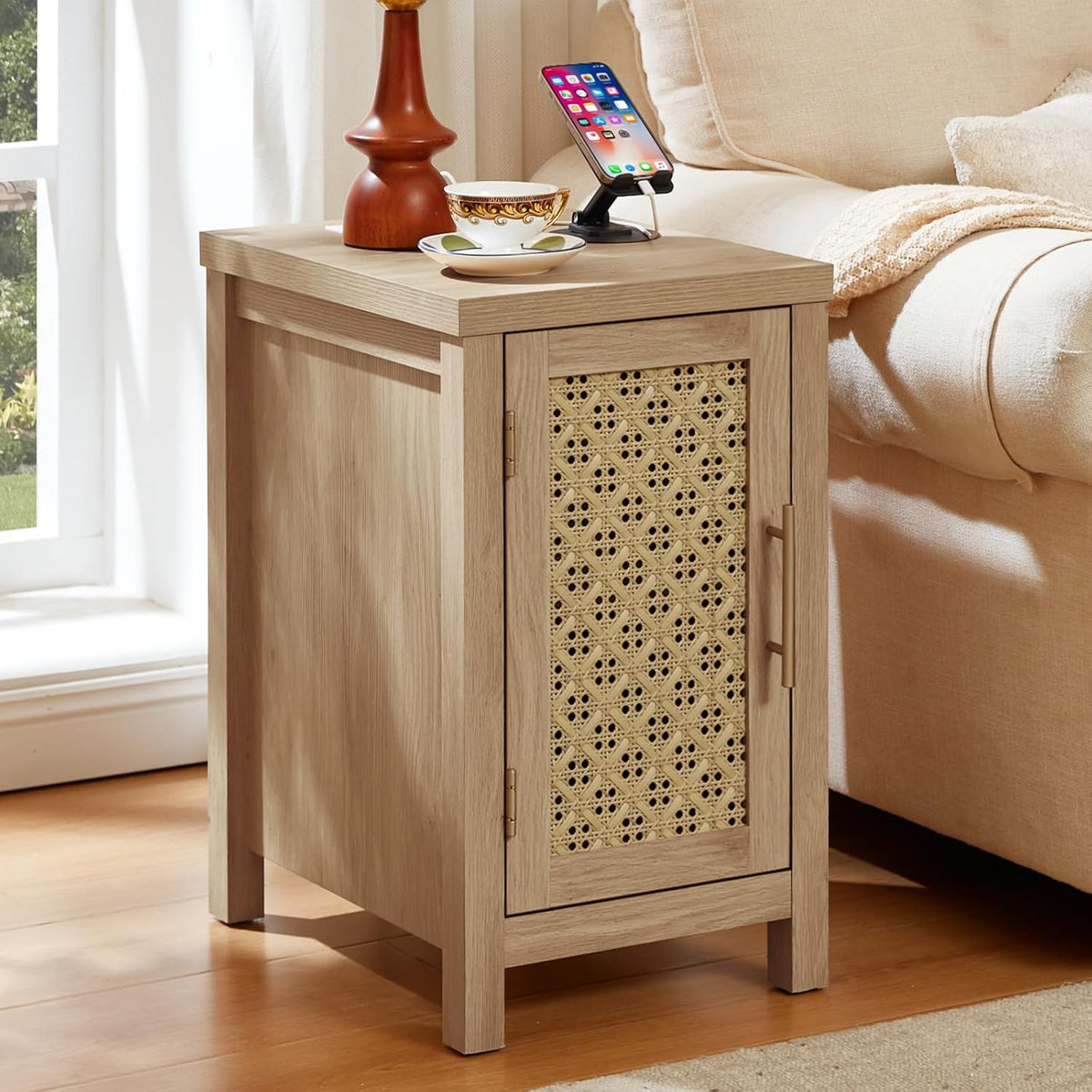 yufam rattan nightstand set of 2 with charging shown in use