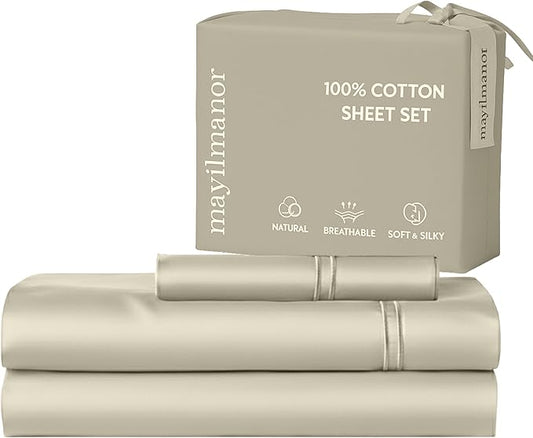 100% Natural Cotton Bed Sheets | 500 TC Single-Ply Sateen Weave Twin XL Sheets by MayilManor