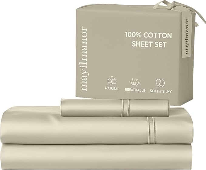 100% Natural Cotton Bed Sheets | 500 TC Single-Ply Sateen Weave Twin Sheets Set by MayilManor