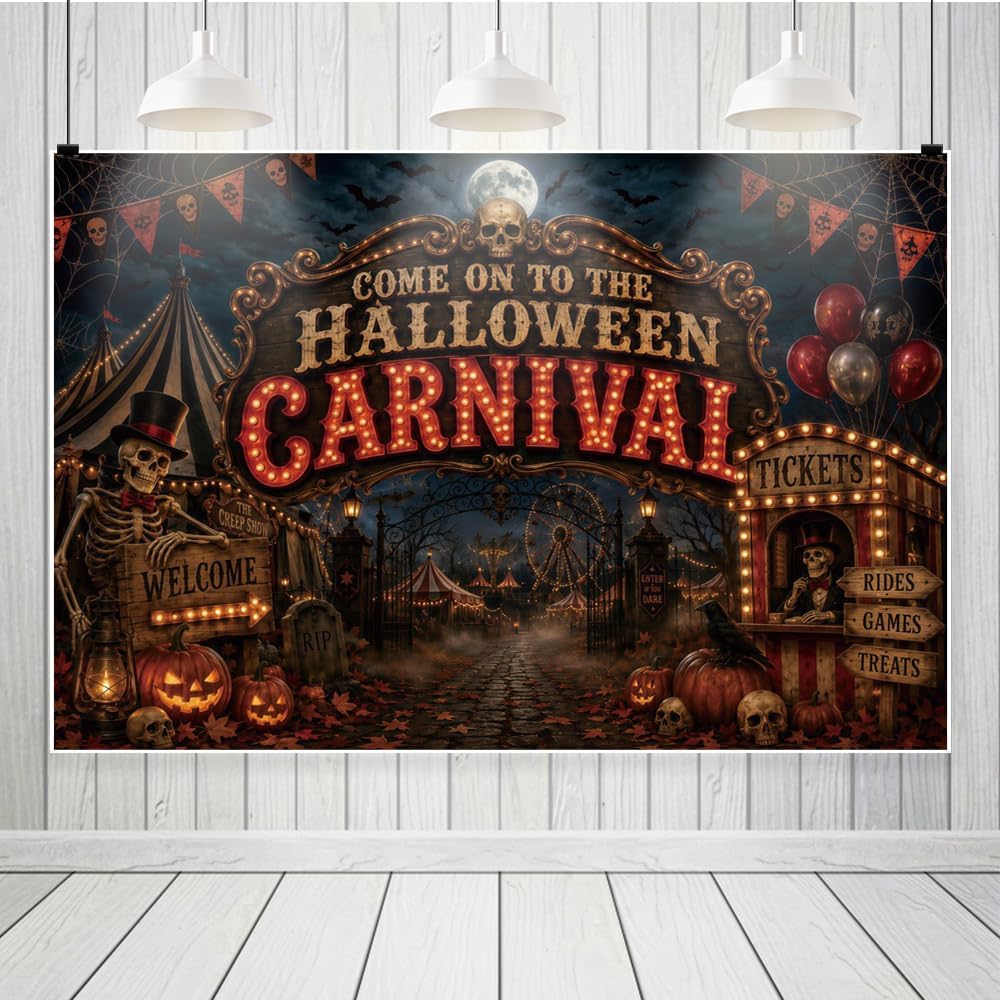 Halloween Carnival Backdrop Spooky Night Skull Haunted Circus Photography Backgrounds Horror Halloween Party Decorations Photo Booth Props Vinyl 10x8ft