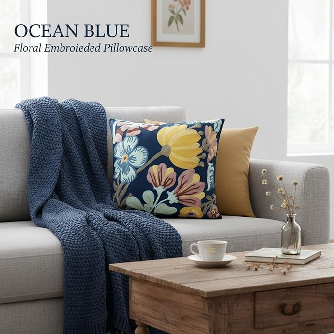 18x18 Embroidered Throw Pillow Covers Set – Blue Pumpkin Blossom Cotton - Image 5