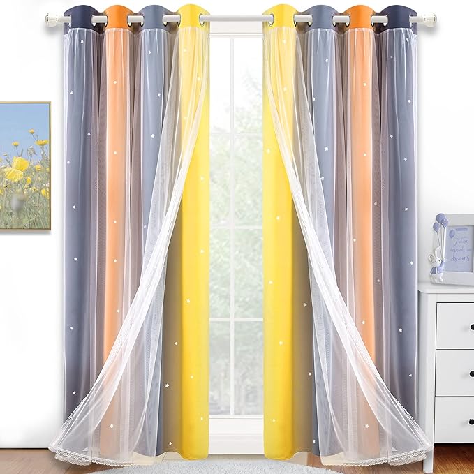 Kinryb Nursery/Kids/Girls Room Star Cut Out Blackout Rainbow Curtain by Kinryb
