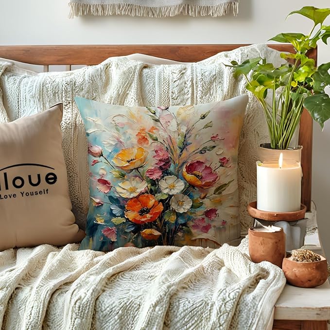 ULOVE LOVE YOURSELF Decorative Throw Pillow Case Oil Painting Floral Cushion - Image 2