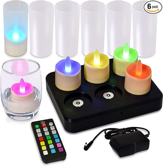 HL Flameless Candles with Remote Timer&Charging Station, 60+Hours Rechargeable Waterproof Outdoor RGB Tea Lights Colorful Candles for Valentine's Gift Halloween Christmas Home Party Decor-6pcs