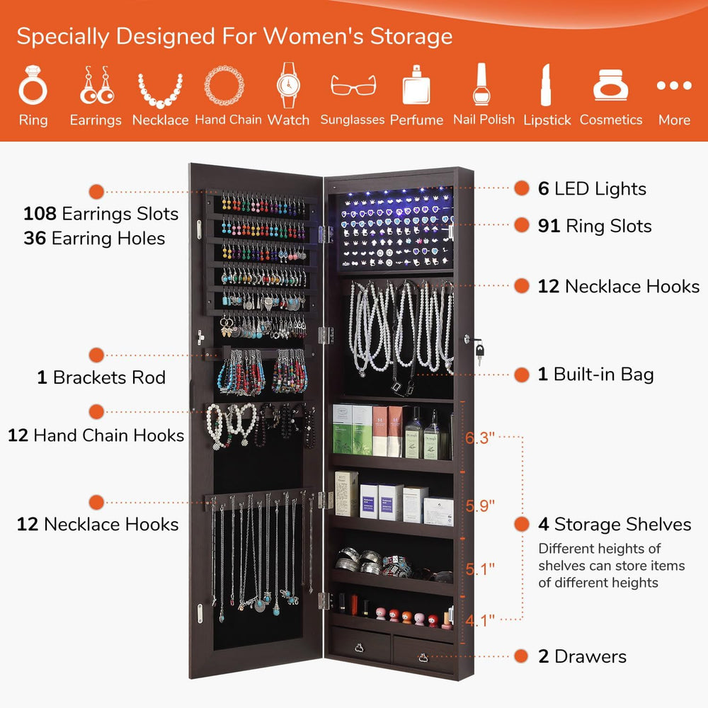 GISSAR Full Length Mirror Jewelry Cabinet, 6 LEDs Jewelry Armoire Wall Mounte...