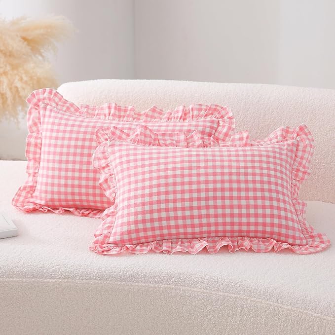 2 Pack Coral Pink Plaid Ruffle Gingham Throw Lumbar Pillow Shams, 100% Washed by KMASANIJI