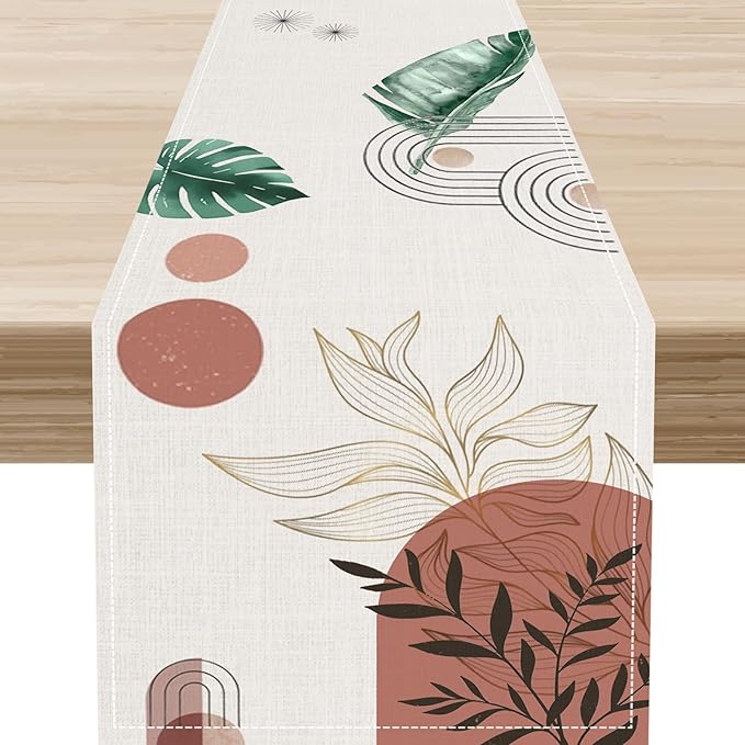 Mid-Century Boho Leaves Table Runner by Unknown