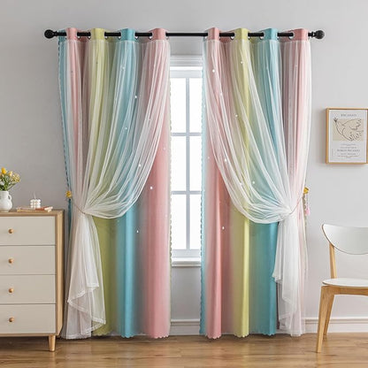Star Girl and Kids Curtains for Bedroom Rainbow Ombre Double Layer Cute Shot - Image 6