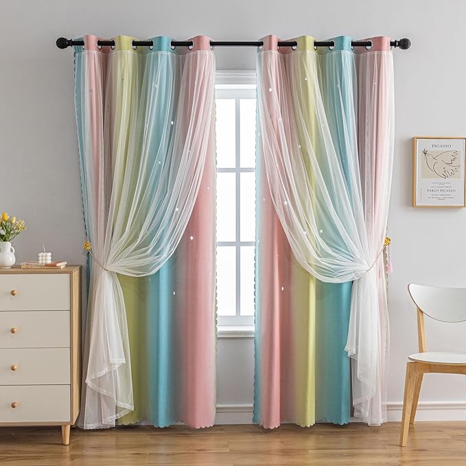 Star Girl and Kids Curtains for Bedroom Rainbow Ombre Double Layer Cute Shot - Image 6