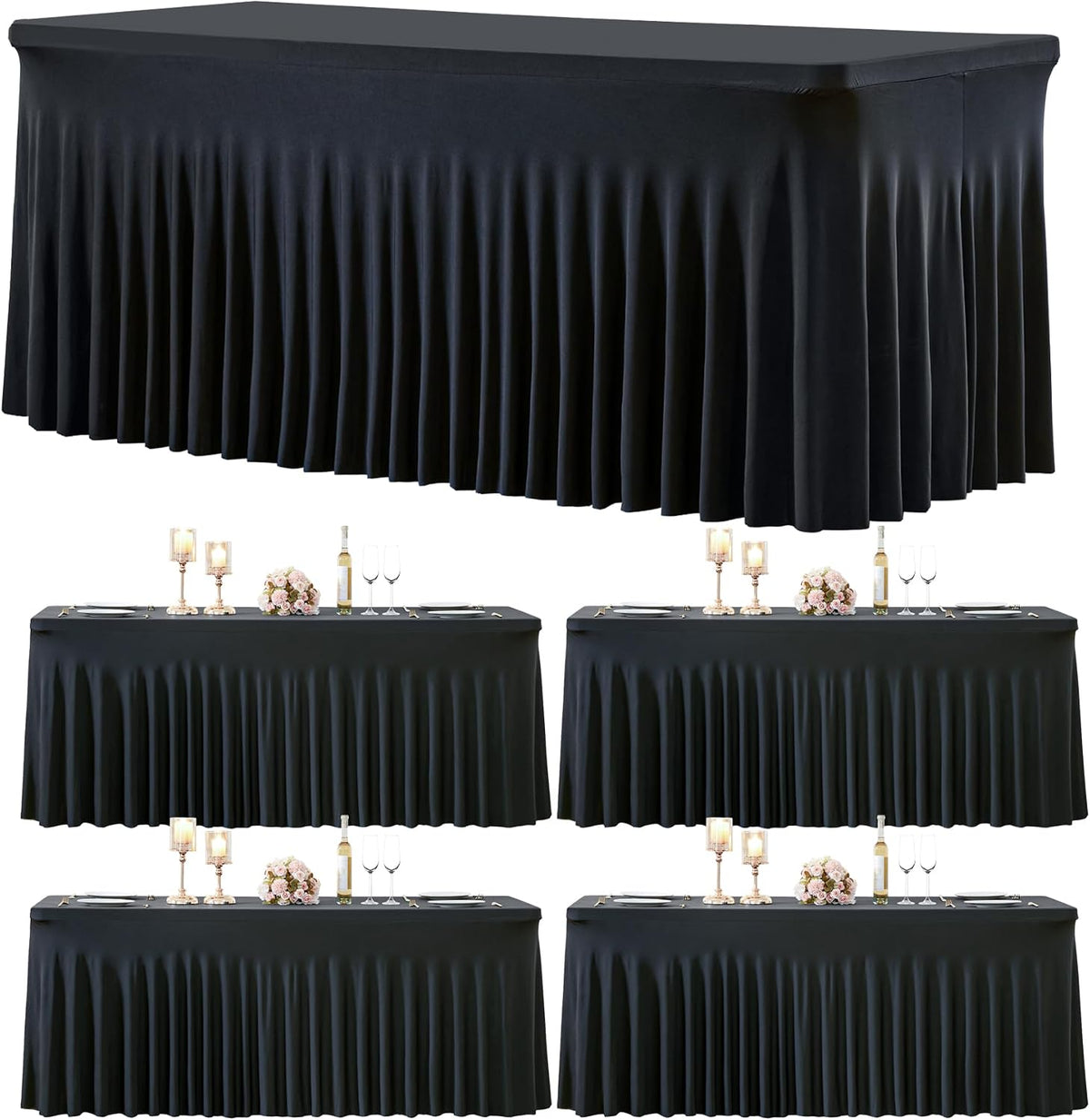 Besutolife 4 Pack Black Spandex Table Cloth for 6ft Rectangle Tables, Wrinkle Free Spandex Table Covers 6ft, Stretch Tablecloth with Skirt for Wedding Banquet Party Halloween Decorations