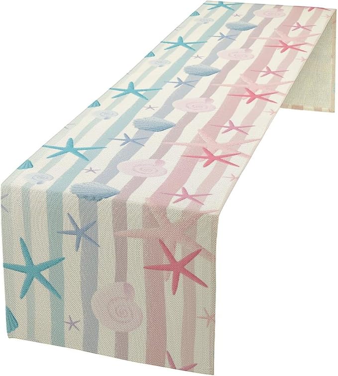 Coastal Starfish Kitchen Table Runner, Colorful Watercolor Blue and Pink Stripe by ShiTingYu