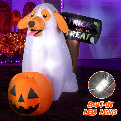 Halloween Inflatables Ghost Dog 4 FT Inflatable Halloween Dog with a Pumpkin Candy Holder Built-in LEDs Trick or Treat Yard Sign for Home Lawn Garden Party Indoor Outdoor Halloween Decor