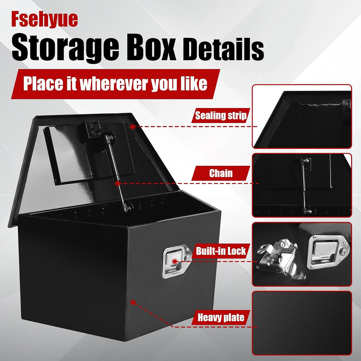 26x13.3x12 inch aluminum trailer tongue tool box heavy, close-up detail