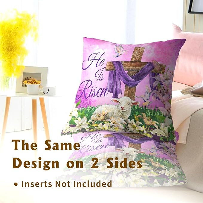 He is Risen Cross Christian Throw Pillow Covers 24''x24'' Set of 2 Easter - Image 5