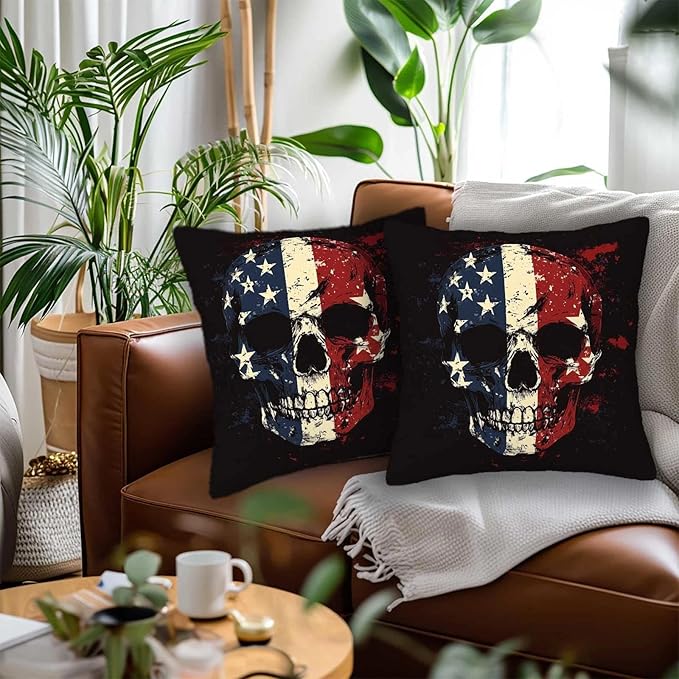 Patriotic Skull Throw Pillow Covers 18x18 Set of 2 | Decorative Cushion Cases - Image 2