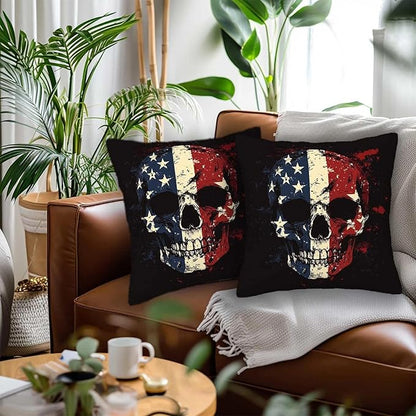 Patriotic Skull Throw Pillow Covers 18x18 Set of 2 | Decorative Cushion Cases - Image 2