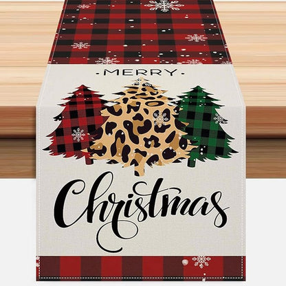 Christmas Tree Table Runner 13x72 Inch Buffalo Plaid Xmas Pine Trees Merry by ZCHOMI
