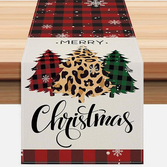 Christmas Tree Table Runner 13x72 Inch Buffalo Plaid Xmas Pine Trees Merry by ZCHOMI