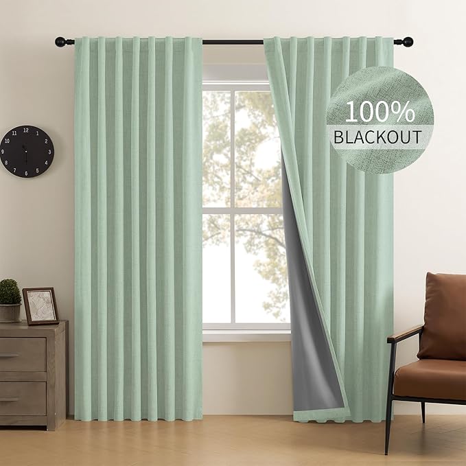 CUCRAF Linen 100% Blackout Curtains 96 Inch Length 2 Panels Set, Back Tab and by CUCRAF
