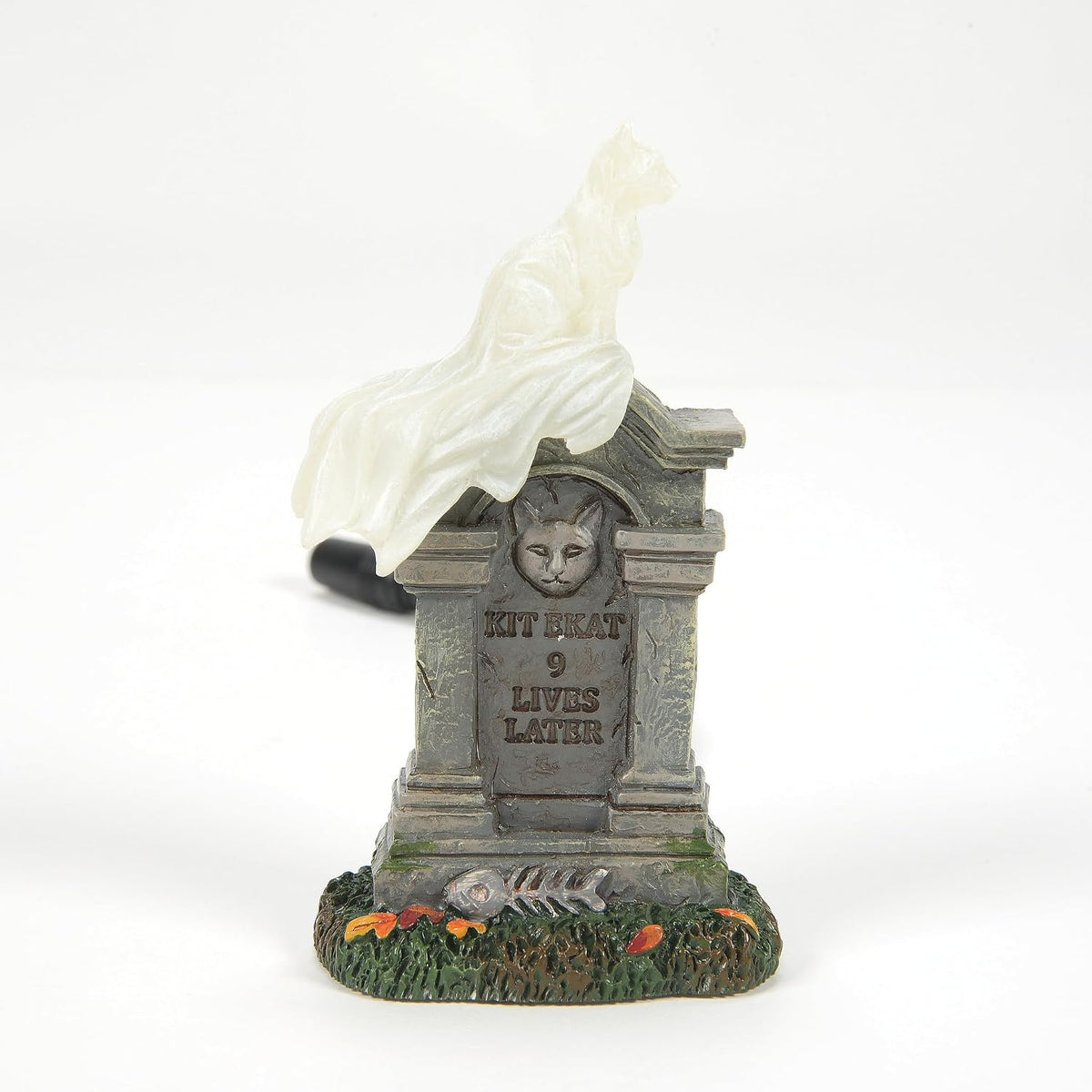 Department 56 Village Collection Accessories Halloween Kit E. Kat Cat Ghost on Tombstone Lit Figurine, 3.8 Inch, Multicolor