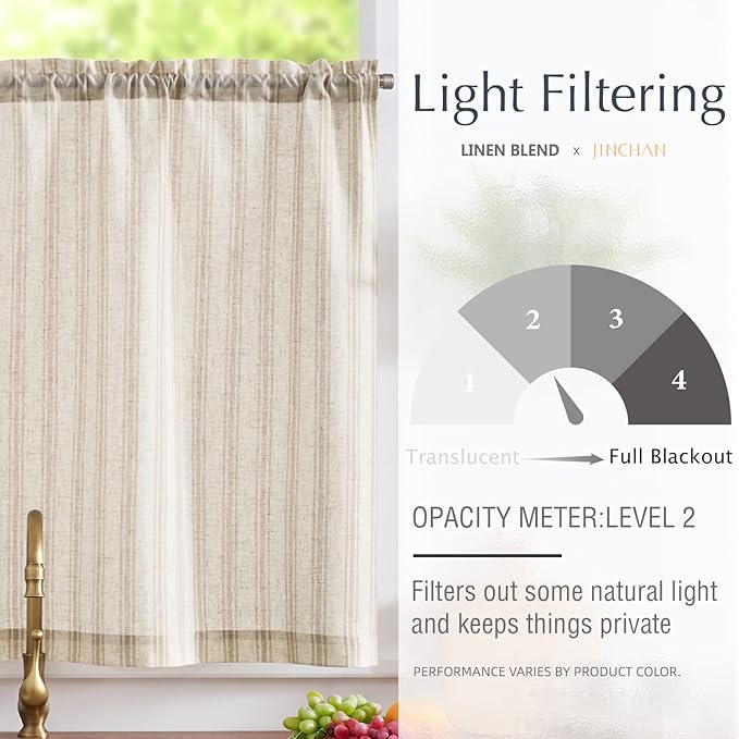 jinchan Tan Striped Kitchen Curtain Linen Farmhouse Cafe Curtain 36 Inch Tiers - Image 5