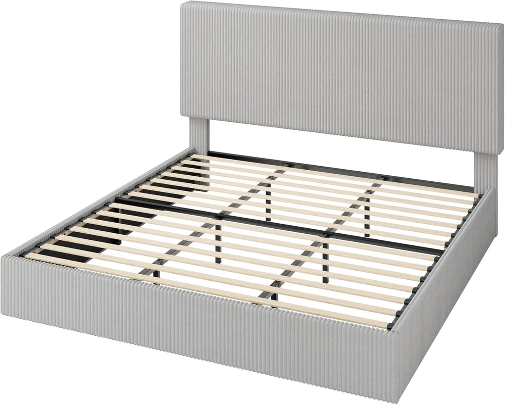 Allewie King Bed Frame, Adjustable Corduroy Headboard, Platform, Grey