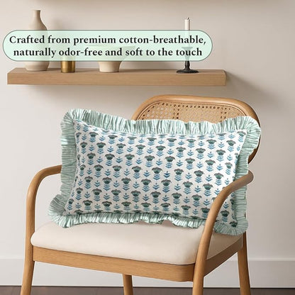 Ridhi Aquamarine Blue 100% Cotton Block Print Ruffle Lumbar Sham Cover Handmade - Image 7