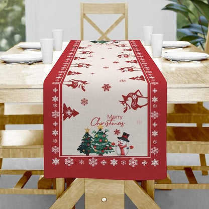 Merry Christmas Elk Deer Table Runner, Snowman Linen Table Runners, Snowflake by Hliyty