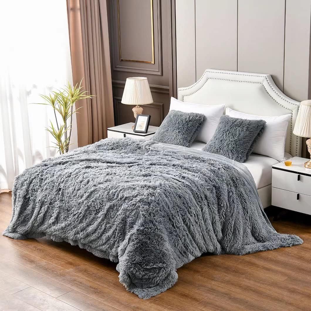 yusoki grey queen faux fur blanket,2 layers,queen90" x, main product view