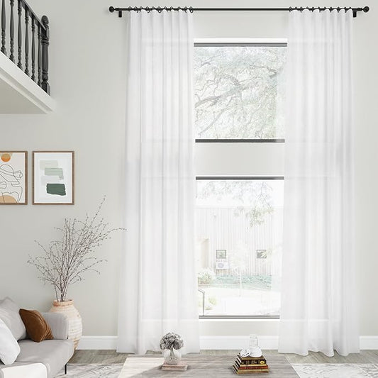 Nanspring Extra Long White Linen Curtains 240 Inch Length by Nanspring