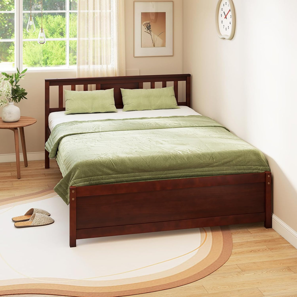 gofalme full size wood bed frame, mid-century modern, front angle view