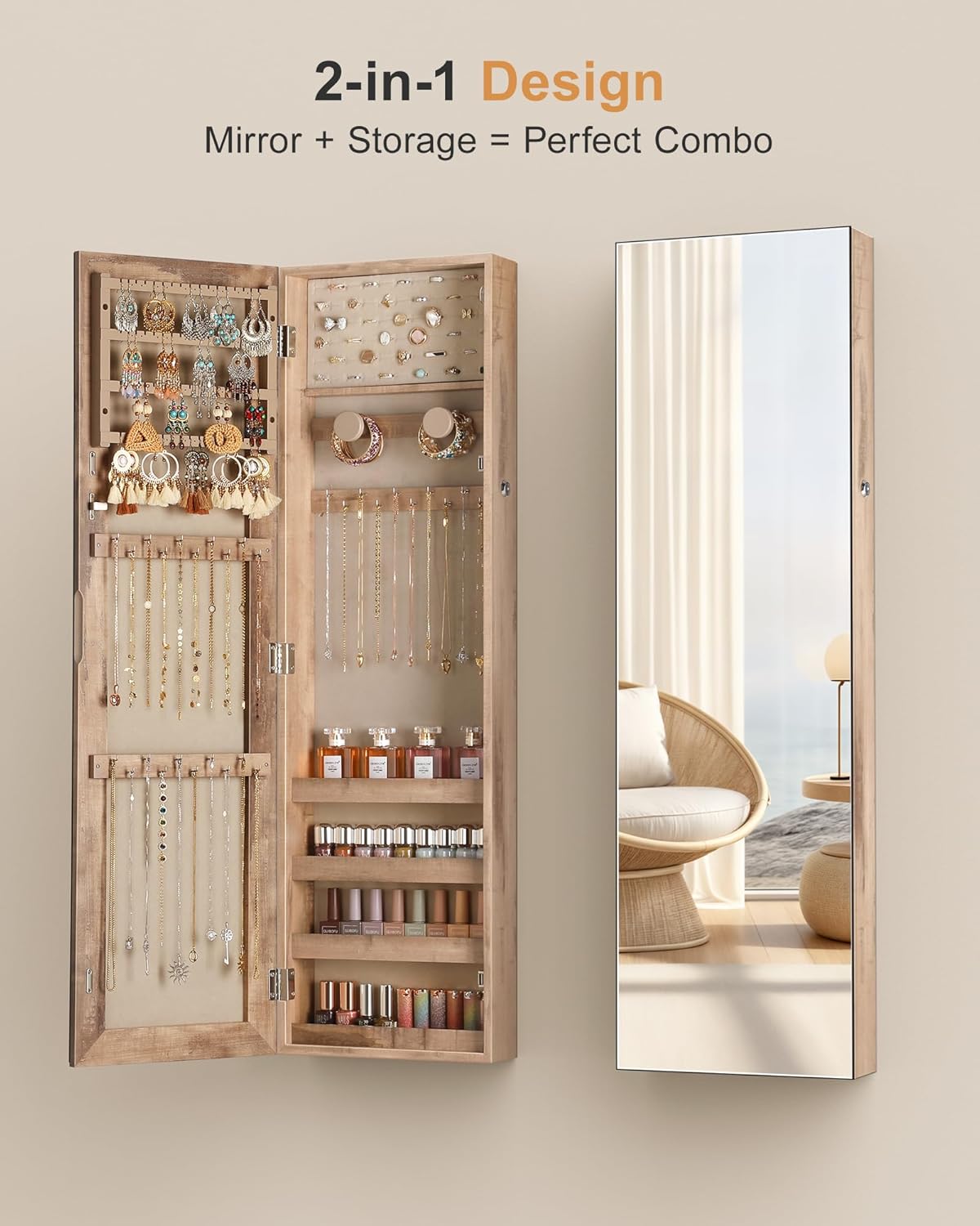 nicetree mirror jewelry cabinet, full length mirror, wall showing dimensions