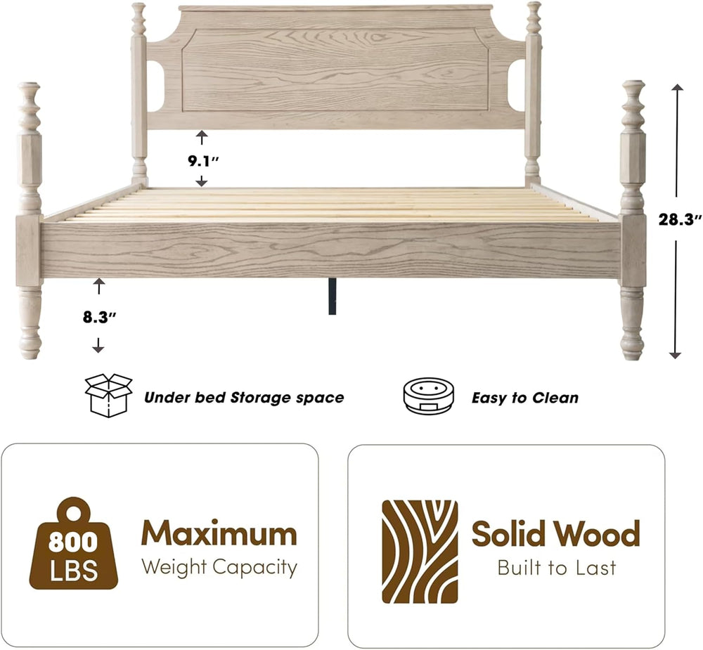 Solid Wood Queen Size Platform Bed Frame with Headboard & Footboard, Meta...